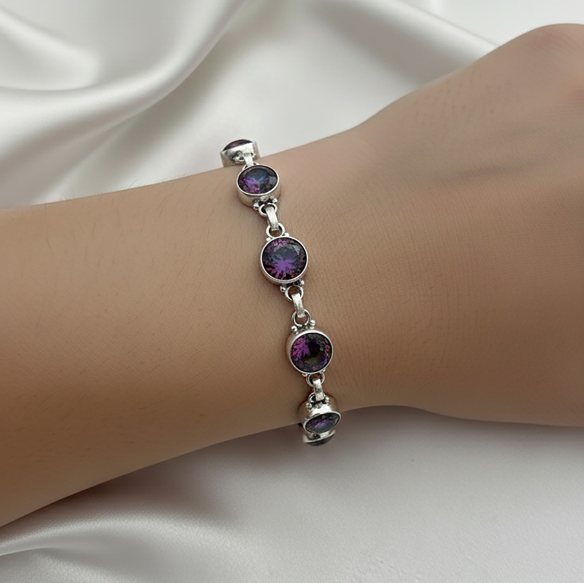 925 Sterling Silver Rainbow Mystic Topaz Round Gemstone Ladies Bracelet