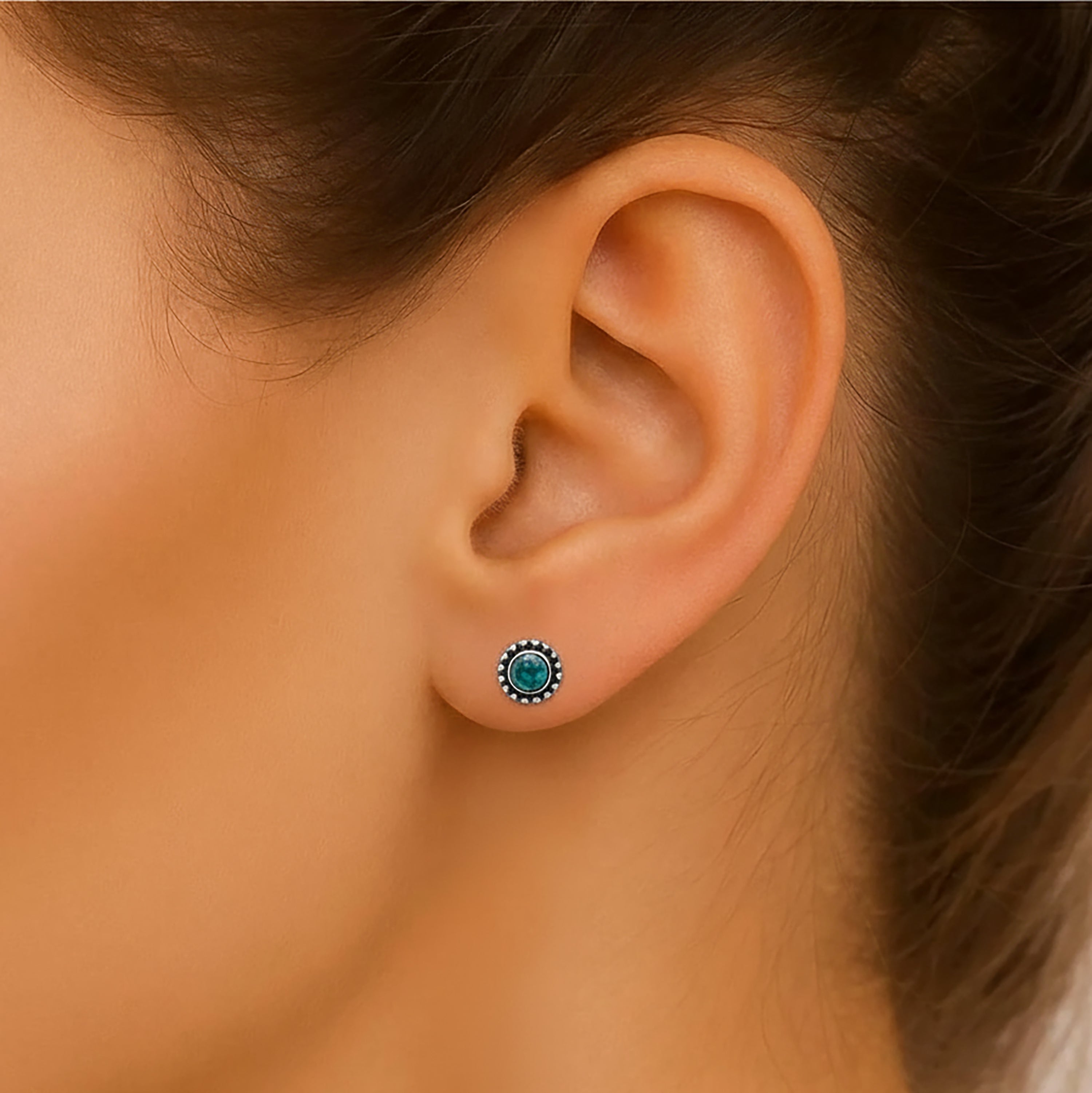 Dainty 925 Sterling Silver Beaded Edge Turquoise Ladies Studs Jewellery Earrings